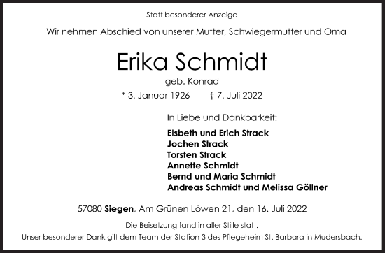 Traueranzeige von Erika Schmidt von Siegener Zeitung