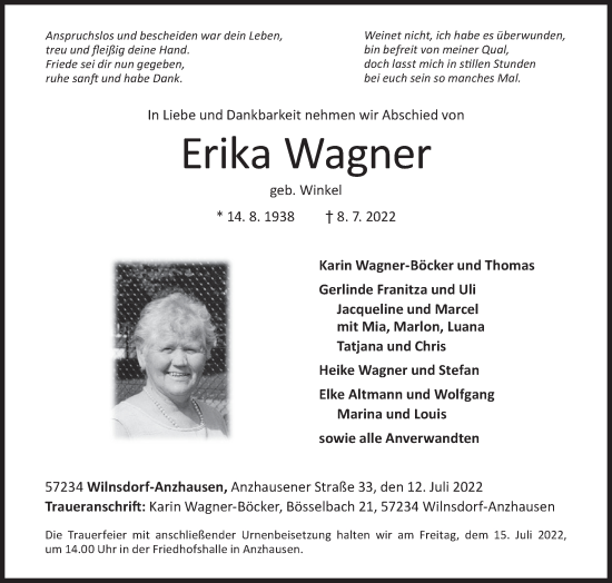 Traueranzeige von Erika Wagner von Siegener Zeitung