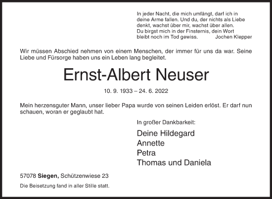 Traueranzeige von Ernst-Albert Neuser von Siegener Zeitung