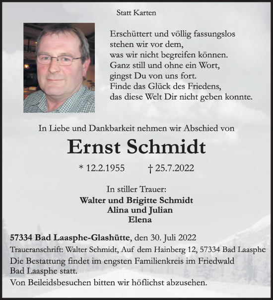 Traueranzeige von Ernst Schmidt von Siegener Zeitung