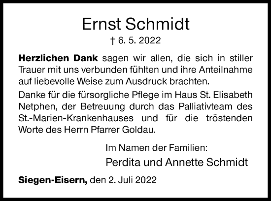 Traueranzeige von Ernst Schmidt von Siegener Zeitung