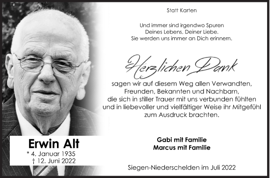 Traueranzeige von Erwin Alt von Siegener Zeitung