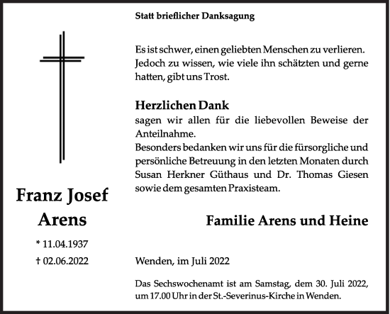 Traueranzeige von Franz Josef Arens von Siegener Zeitung