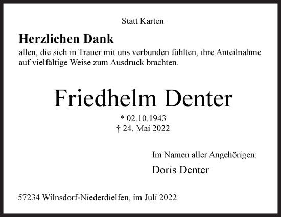 Traueranzeige von Friedhelm Denter von Siegener Zeitung