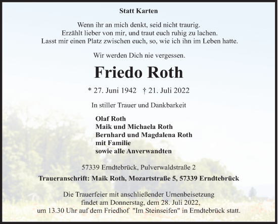 Traueranzeige von Friedo Roth von Siegener Zeitung