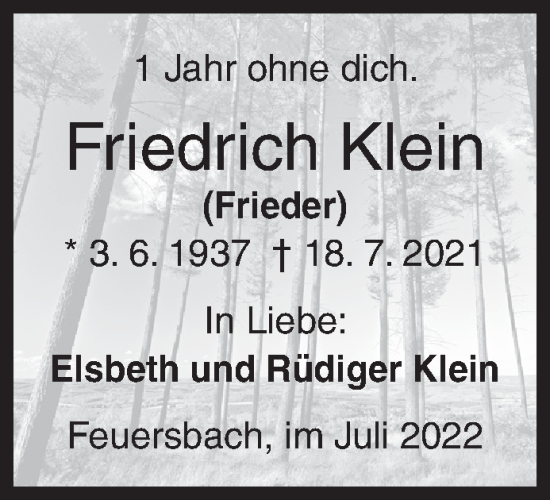 Traueranzeige von Friedrich Klein von Siegener Zeitung