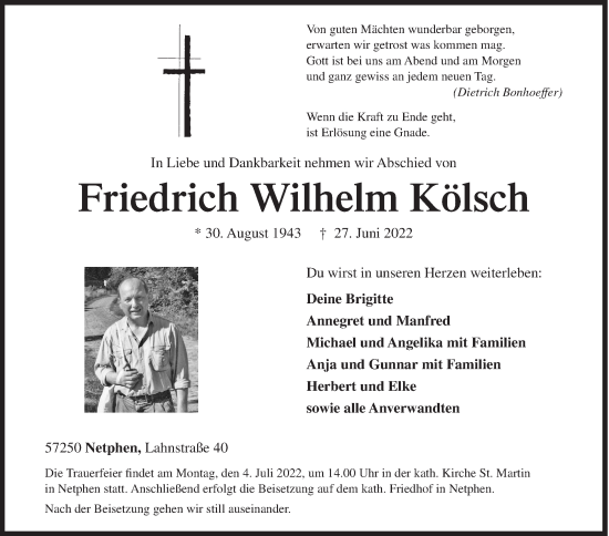 Traueranzeige von Friedrich Wilhelm Kölsch von Siegener Zeitung