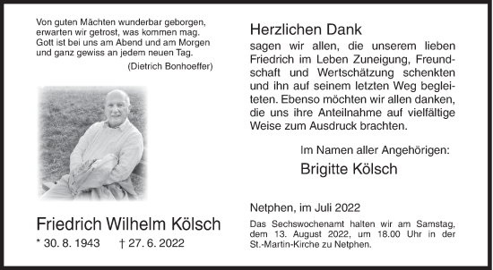 Traueranzeige von Friedrich Wilhelm Kölsch von Siegener Zeitung