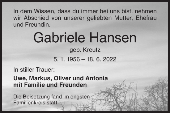 Traueranzeige von Gabriele Hansen von Siegener Zeitung