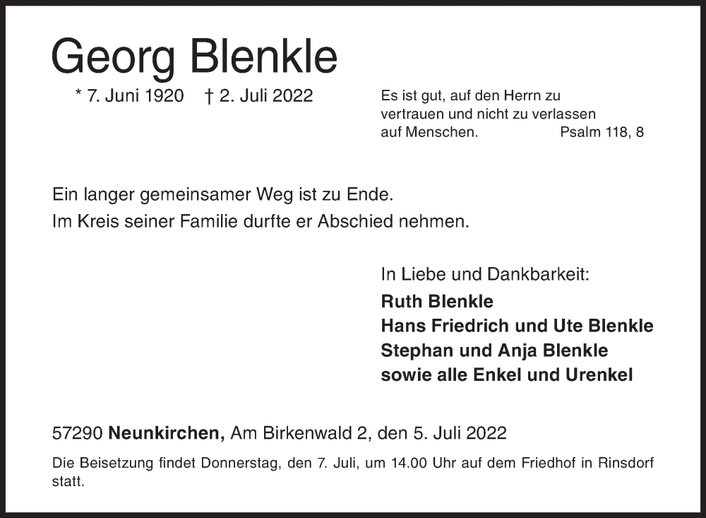  Traueranzeige für Georg Blenkle vom 05.07.2022 aus Siegener Zeitung