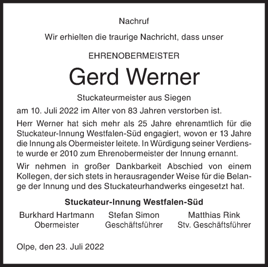 Traueranzeige von Gerd Werner von Siegener Zeitung