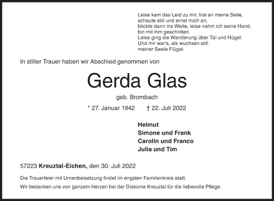 Traueranzeige von Gerda Glas von Siegener Zeitung