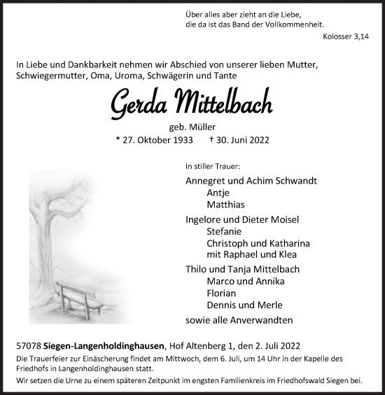 Traueranzeige von Gerda Mittelbach von Siegener Zeitung