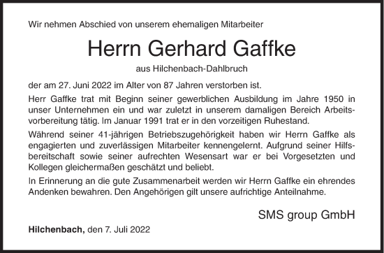 Traueranzeige von Gerhard Gaffke von Siegener Zeitung