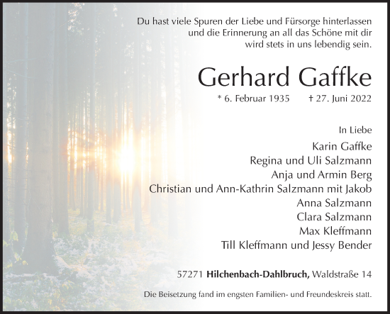 Traueranzeige von Gerhard Gaffke von Siegener Zeitung
