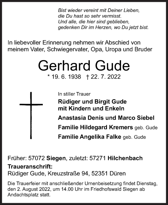 Traueranzeige von Gerhard Gude von Siegener Zeitung
