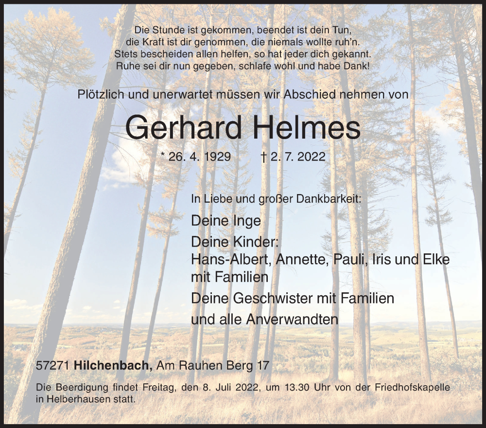  Traueranzeige für Gerhard Helmes vom 05.07.2022 aus Siegener Zeitung