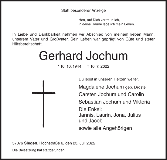 Traueranzeige von Gerhard Jochum von Siegener Zeitung