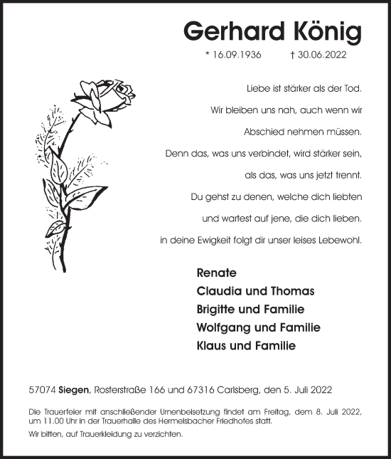 Traueranzeige von Gerhard König von Siegener Zeitung