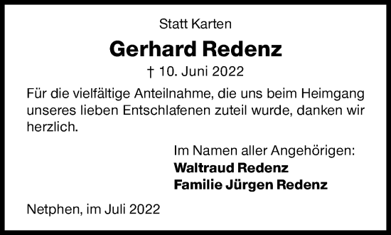 Traueranzeige von Gerhard Redenz von Siegener Zeitung