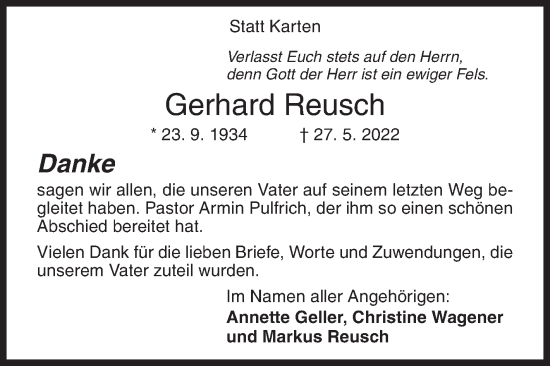 Traueranzeige von Gerhard Reusch von Siegener Zeitung