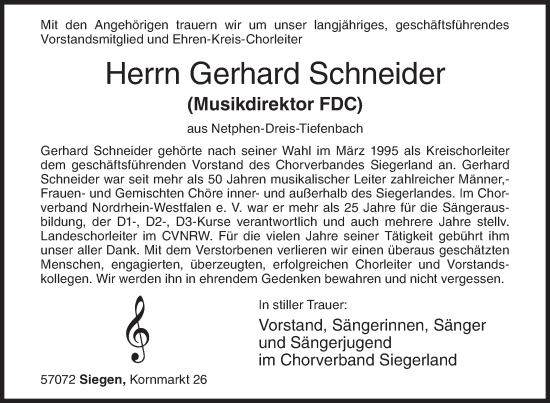 Traueranzeige von Gerhard Schneider von Siegener Zeitung