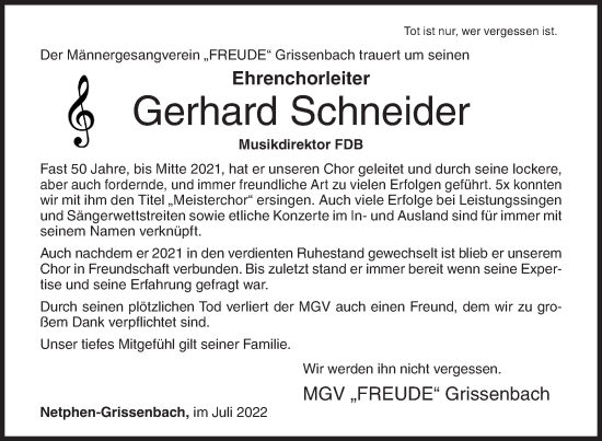 Traueranzeige von Gerhard Schneider von Siegener Zeitung