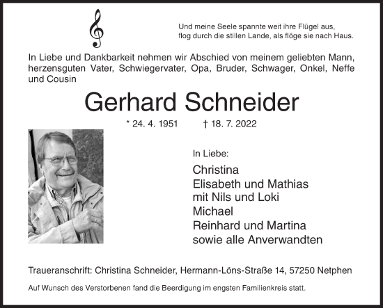 Traueranzeige von Gerhard Schneider von Siegener Zeitung
