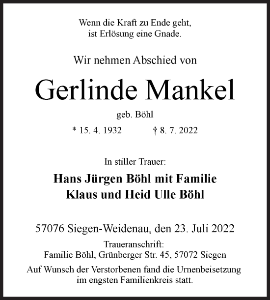 Traueranzeige von Gerlinde Mankel von Siegener Zeitung
