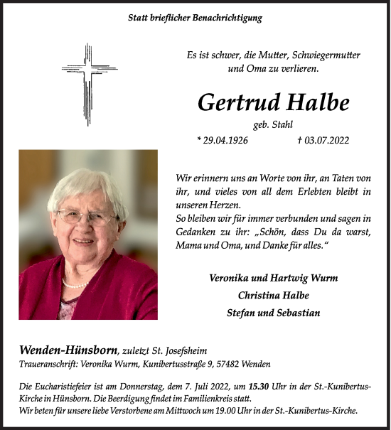 Traueranzeige von Gertrud Halbe von Siegener Zeitung