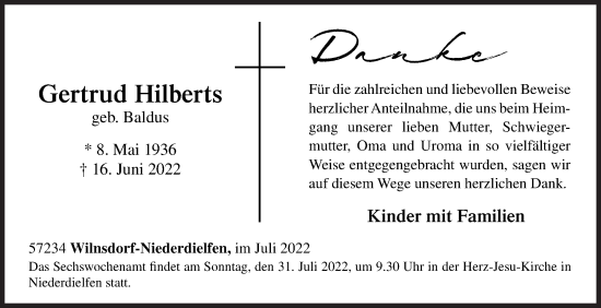 Traueranzeige von Gertrud Hilberts von Siegener Zeitung