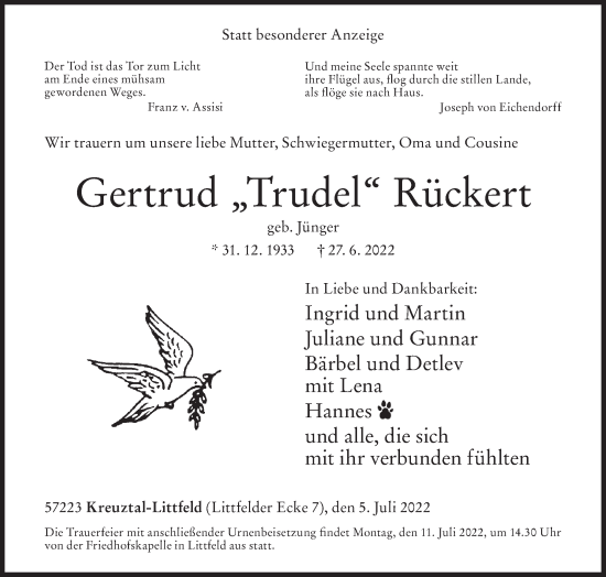 Traueranzeige von Gertrud Rückert von Siegener Zeitung