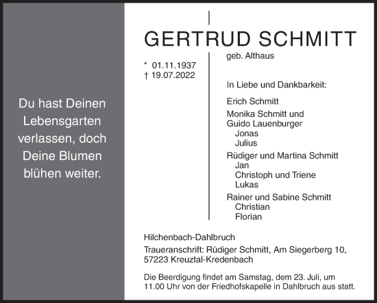 Traueranzeige von Gertrud Schmitt von Siegener Zeitung