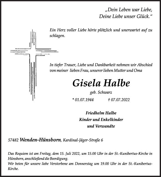 Traueranzeige von Gisela Halbe von Siegener Zeitung