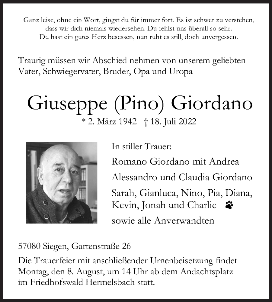  Traueranzeige für Giuseppe Giordano vom 22.07.2022 aus Siegener Zeitung