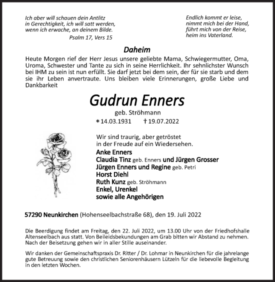 Traueranzeige von Gudrun Enners von Siegener Zeitung