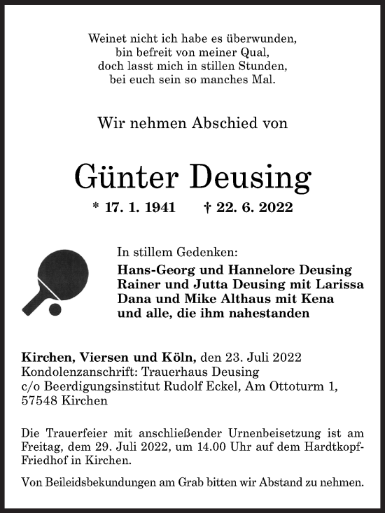 Traueranzeige von Günter Deusing von Siegener Zeitung