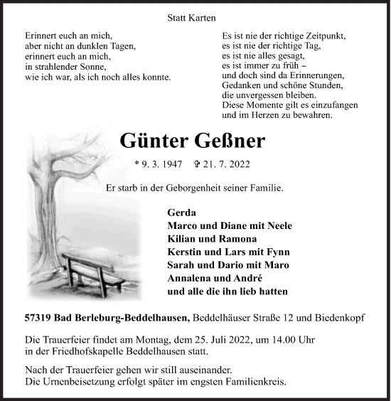 Traueranzeige von Günter Geßner von Siegener Zeitung
