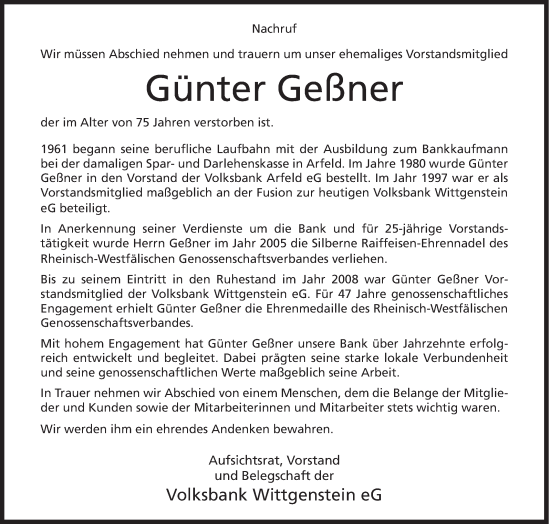 Traueranzeige von Günter Geßner von Siegener Zeitung