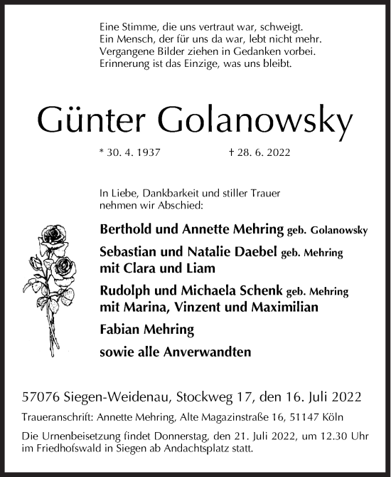 Traueranzeige von Günter Golanowsky von Siegener Zeitung