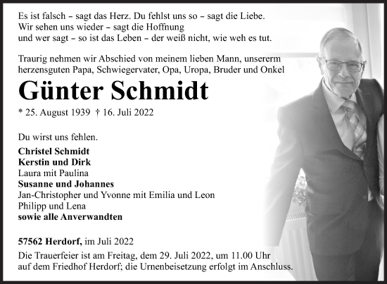 Traueranzeige von Günter Schmidt von Siegener Zeitung