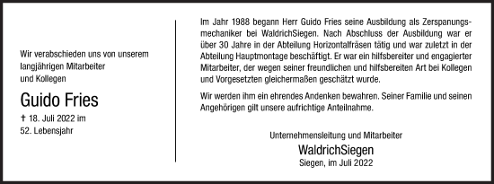 Traueranzeige von Guido Fries von Siegener Zeitung