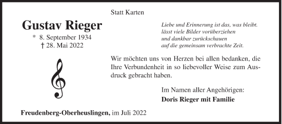 Traueranzeige von Gustav Rieger von Siegener Zeitung