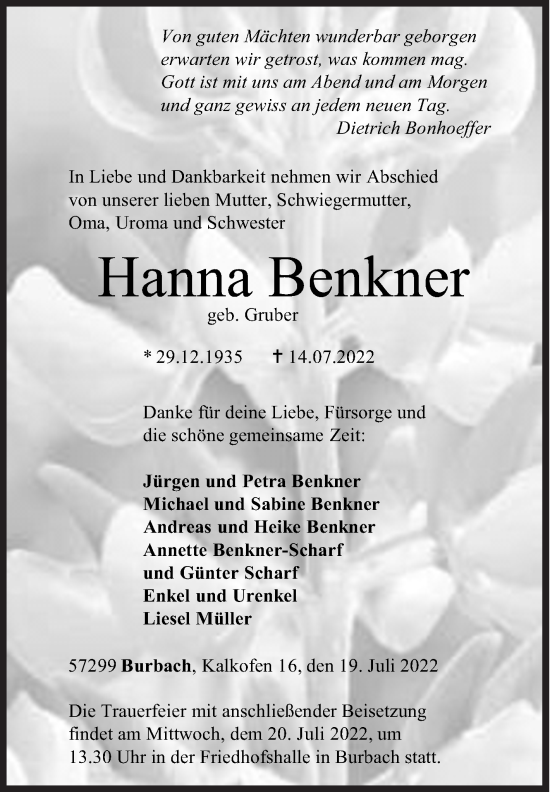 Traueranzeige von Hanna Benkner von Siegener Zeitung