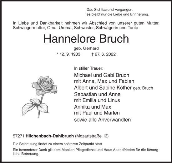 Traueranzeige von Hannelore Bruch von Siegener Zeitung