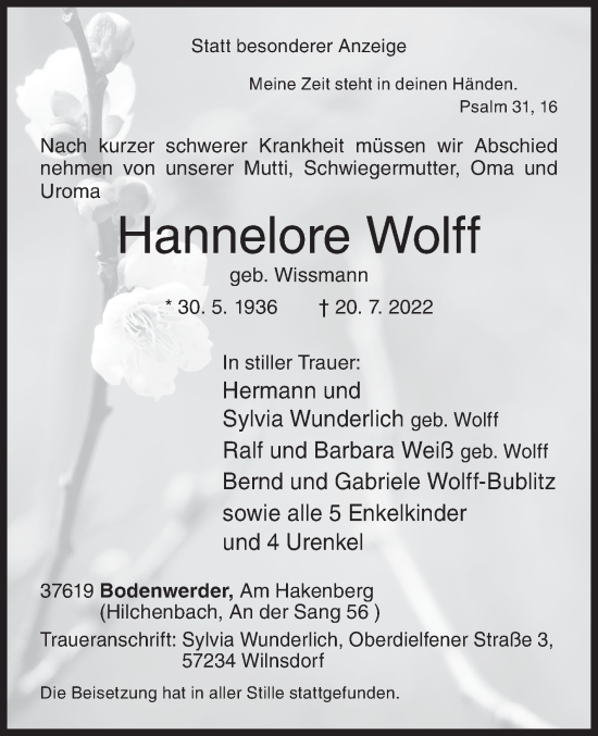Traueranzeige von Hannelore Wolff von Siegener Zeitung