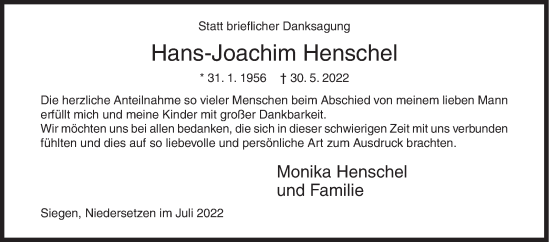 Traueranzeige von Hans-Joachim Henschel von Siegener Zeitung