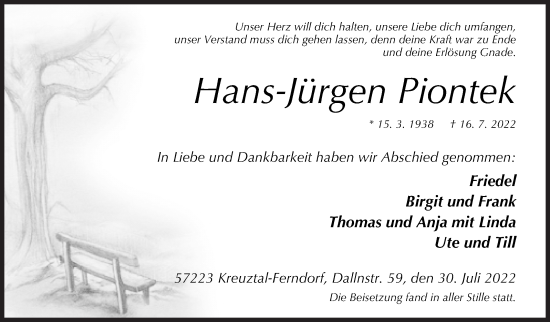 Traueranzeige von Hans-Jürgen Piontek von Siegener Zeitung