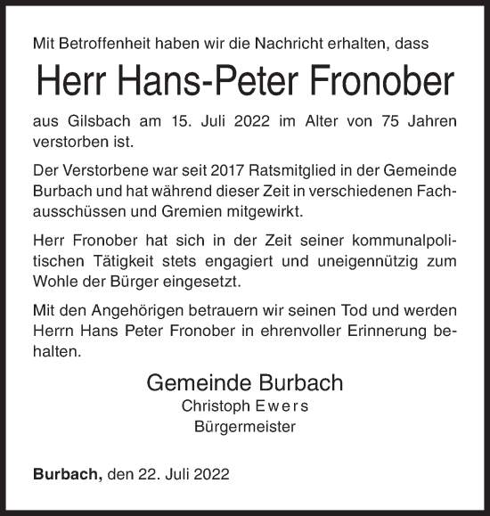 Traueranzeige von Hans-Peter Fronober von Siegener Zeitung