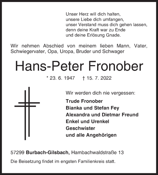 Traueranzeige von Hans-Peter Fronober von Siegener Zeitung